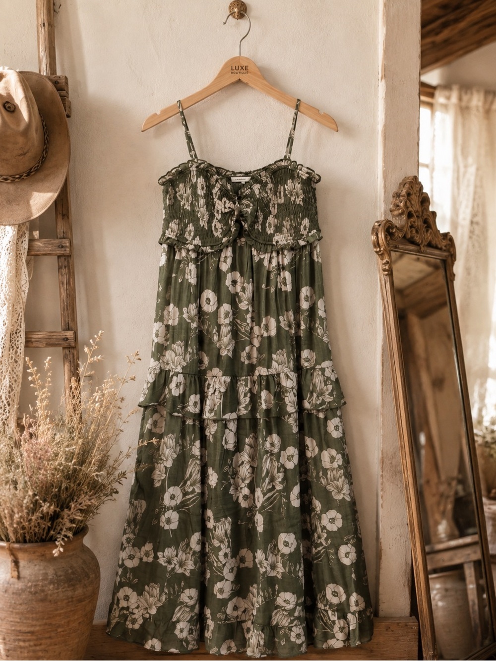 Western Romance Trixxi Cottage Core Floral Tiered Smocked Midi NWT Large